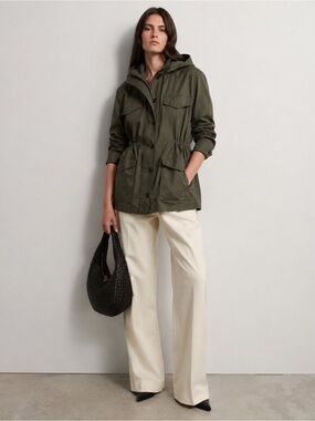 Babaton Cotton-Linen Hooded Utility Cargo Jacket in Army Green